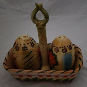 Tabletops Fontana handpainted eggs salt and paper shakers with matching caddy